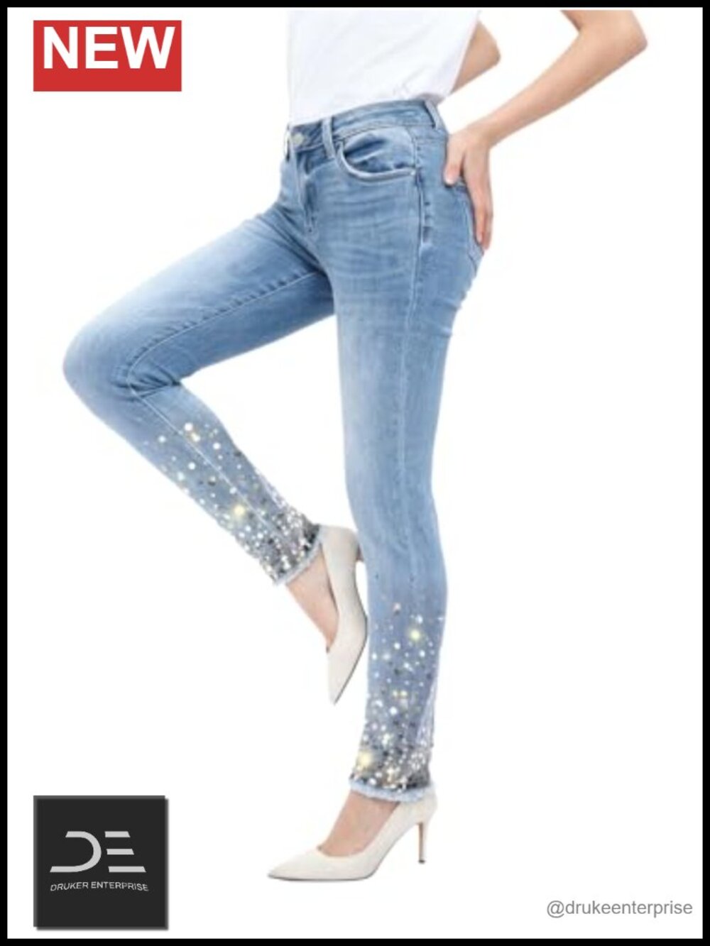 Women's Sequin Skinny Jeans High Stretch Mid Rise Raw Hem Party Denim